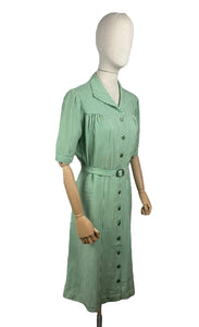 Original 1940's White and Green Candy Stripe Heavy Linen Button Front Belted Day Dress - Bust 40 42 *