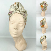 Load image into Gallery viewer, Original 1950&#39;s Floral Scarf in Orange and Purple - Great Headscarf for a Turban
