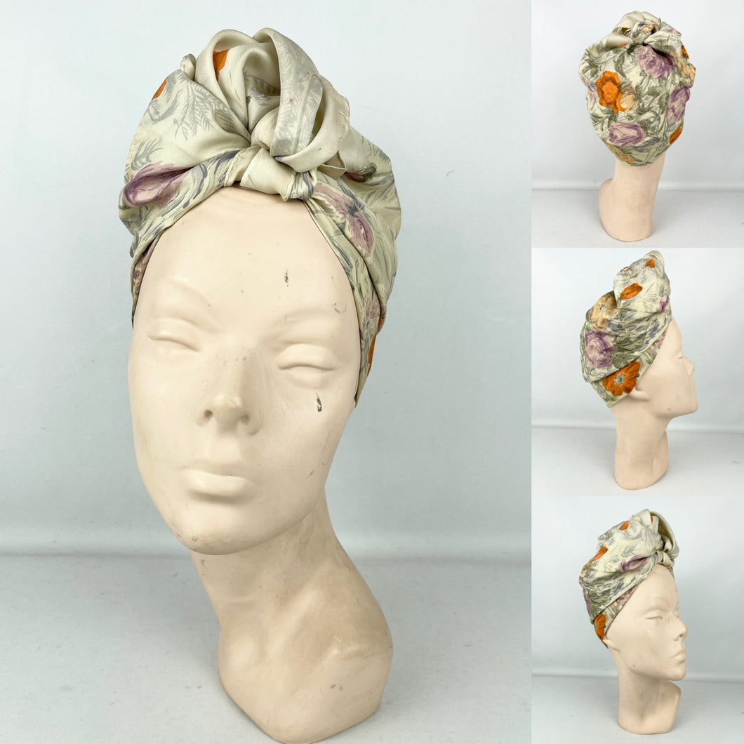 Original 1950's Floral Scarf in Orange and Purple - Great Headscarf for a Turban