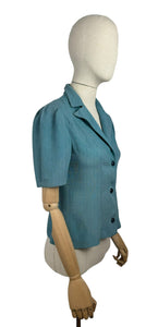 Original 1940’s Turquoise Blue Linen Short Sleeved Jacket - Bust 32 34 *