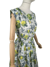 Load image into Gallery viewer, Original 1950's St Michael Classic Nylon Day Dress with Grey and Yellow Roses Print - Bust 40 *
