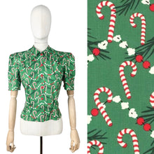 Load image into Gallery viewer, 1940&#39;s Reproduction Christmas Blouse In Green, White and Red Michael Miller Cotton &#39;Corny Cane&#39; - Bust 34&quot; 36&quot;
