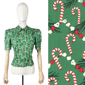 1940's Reproduction Christmas Blouse In Green, White and Red Michael Miller Cotton 'Corny Cane' - Bust 34" 36"