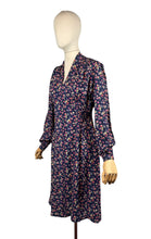 Load image into Gallery viewer, Original 1940's Navy Blue Crepe Long Sleeved Day Dress with Floral Print in Pink and Purple
