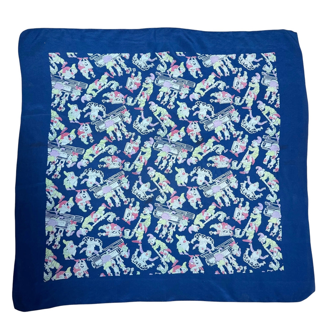 Original 1930’s 1940’s Blue, Pink and Green Pure Silk Scarf Featuring Snow White’s Seven Dwarfs Playing Instruments