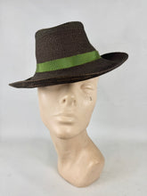 Load image into Gallery viewer, Original Late 1930's Brown and Bronze Straw Hat with Green Grosgrain Trim *
