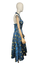 Load image into Gallery viewer, Original 1950&#39;s Blue and Gold Halterneck Cocktail Dress - Bust 36 37 *
