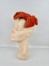 Load image into Gallery viewer, Original 1950&#39;s Burnt Orange Cotton Velvet Hat with Bow Detail
