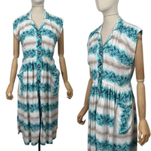 Load image into Gallery viewer, Original 1950&#39;s Floppy Cotton Day Dress in White, Brown and Turquoise Blue - Bust 36
