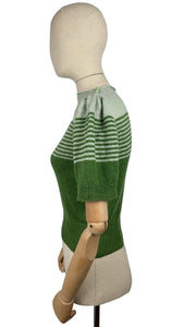 Reproduction 1940's Striped Jumper in Turtle Green and Pale Sage Green Pure Wool with Full Puff Sleeves - Bust 34 36