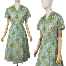 Load image into Gallery viewer, Original 1950&#39;s White, Blue, Green and Black Nylon Belted Day Dress - Bust 38 *
