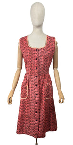 Original 1940's 1950's Dark Coral Pink Cotton Chore Dress with Black Print - Bust 37 38