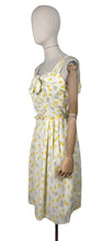 Load image into Gallery viewer, Original 1950&#39;s Yellow, Green and Brown Novelty Print Sleeveless Belted Day Dress with Roses, Birds and Birdcage Print - Bust 38
