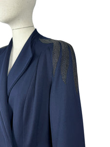 Original 1940's Navy Blue Medium Weight Wool Coat with Soutache Detail - Bust 38 40