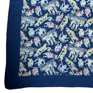 Original 1930’s 1940’s Blue, Pink and Green Pure Silk Scarf Featuring Snow White’s Seven Dwarfs Playing Instruments