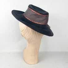 Load image into Gallery viewer, Original 1940&#39;s Black Straw Tilt Hat with Bronze Grosgrain Trim
