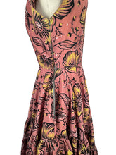 Load image into Gallery viewer, Original 1950&#39;s Salmon Pink Grosgrain Full Circle Day Dress with Bold Floral in Yellow, White and Black Flock - Bust 36
