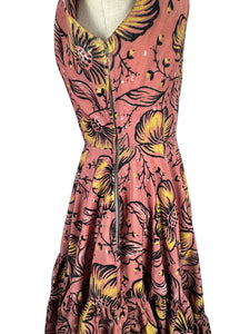 Original 1950's Salmon Pink Grosgrain Full Circle Day Dress with Bold Floral in Yellow, White and Black Flock - Bust 36