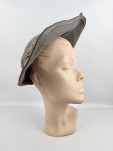 Original 1930's Grey Felt French Hat with Velvet Ribbon Trim by 'Suzanne Le Meunier'