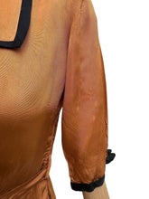Load image into Gallery viewer, Original 1950's Caramel Coloured Grosgrain Belted Dress with Black Accent Trim - Bust 34 35
