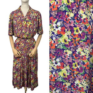 Original 1930's Volup Betty Barley Floral Silk Dress in Rust, Purple, Green and Cream - Bust 40