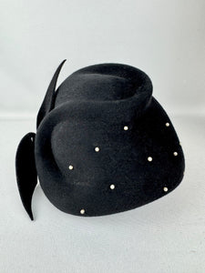 Original 1950's Inky Black Felt Hat with Faux Pearl Beads and Side Bow