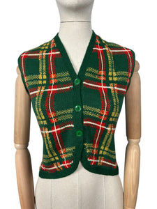 Original 1940's 1950's Green, Red, Yellow and White Tartan Waistcoat - Bust 32" 34"