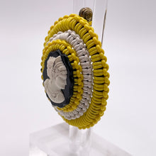 Load image into Gallery viewer, Original 1940&#39;s Yellow, Black and White Wartime Make Do and Mend Wirework Brooch with Cameo Middle *
