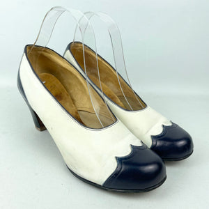 Original 1940's CC41 Cream Suede and Blue Leather Spectator Court Shoes - UK 5.5 6