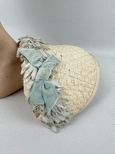 Original 1950's Ice Blue and Ivory Lacquered Raffia Half Hat with Petal Trim and Velvet Bow