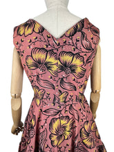 Load image into Gallery viewer, Original 1950&#39;s Salmon Pink Grosgrain Full Circle Day Dress with Bold Floral in Yellow, White and Black Flock - Bust 36

