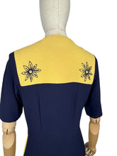 Load image into Gallery viewer, Stunning Original 1940's Navy and Butter Yellow Colour Block Crepe Dress with Floral Embroidery - Bust 34 35 *
