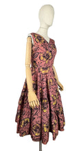 Load image into Gallery viewer, Original 1950&#39;s Salmon Pink Grosgrain Full Circle Day Dress with Bold Floral in Yellow, White and Black Flock - Bust 36
