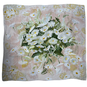 Original 1950’s Jacqmar Pure Silk Scarf with Marguerite Daisies in Blush, Green and White