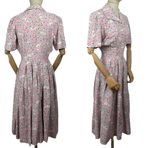 Original Late 1940's or Early 1950's Classic Floral Cotton Day Dress in Pink, White, Grey and Blue Floral - Bust 38