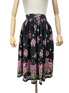 Original 1950's Floral Border Print Skirt in Black, Pink, White and Green Featuring Violets - Waist 24" *