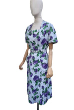 Load image into Gallery viewer, Original 1940’s 1950’s Belted Rose Print Cotton Day Dress in Grey, Purple and Green - Bust 40
