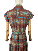 Load image into Gallery viewer, Original 1950&#39;s Brown, Blue and Green Belted Cotton Day Dress - Bust 36
