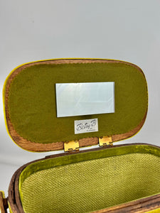 Beautiful Vintage Betsy B Wooden Basket Box Bag with Green Velvet Trim and Pink Flower Applique