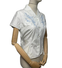 Load image into Gallery viewer, Original 1950&#39;s White Cotton Deadstock Blouse with Pale Blue Embroidery - Bust 36
