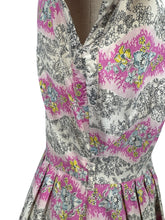 Load image into Gallery viewer, Original Late 1940&#39;s Ritchwear Floral Cotton Stripe Day Dress in White, Black, Pink, Yellow and Blue - Bust 37
