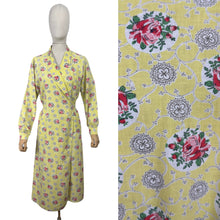 Load image into Gallery viewer, Original 1940&#39;s 1950&#39;s Pretty Yellow Cotton Dressing Robe with Pink Roses Print - Bust 36&quot; 38&quot;

