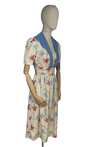 Original Petite Fitting 1940's 1950's Novelty Print Dress and Jacket Set with Palm Tree Print in Red, White and Blue Cotton Rayon - Bust 32"