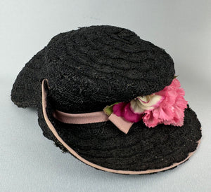 Original Late 1930's or Early 1940's Pink and Black Straw Topper Hat with Floral Trim