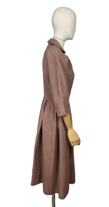 Original 1950’s Stylish Warm Brown Slub Linen Day Dress - Bust 36 *