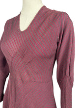 Load image into Gallery viewer, Wounded But Wearable Original 1930&#39;s Brown and Red Chevron Stripe Crepe Dress - Bust 34 36
