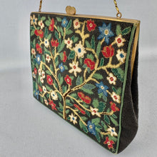 Load image into Gallery viewer, Original 1950&#39;s Black Needlepoint Bag with Red, Green, Blue and Cream Embroidery
