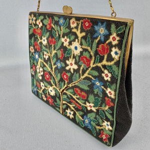 Original 1950's Black Needlepoint Bag with Red, Green, Blue and Cream Embroidery