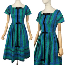 Load image into Gallery viewer, Original 1950's Teena Paige Black, Blue and Green Stripe Cotton Day Dress with Velvet Bow Trim - Bust 34 *
