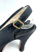 Load image into Gallery viewer, Original 1940's Inky Black Crepe Platform Evening Shoes with Paste Detail in Red, Blue, Yellow and Green - UK 4 *
